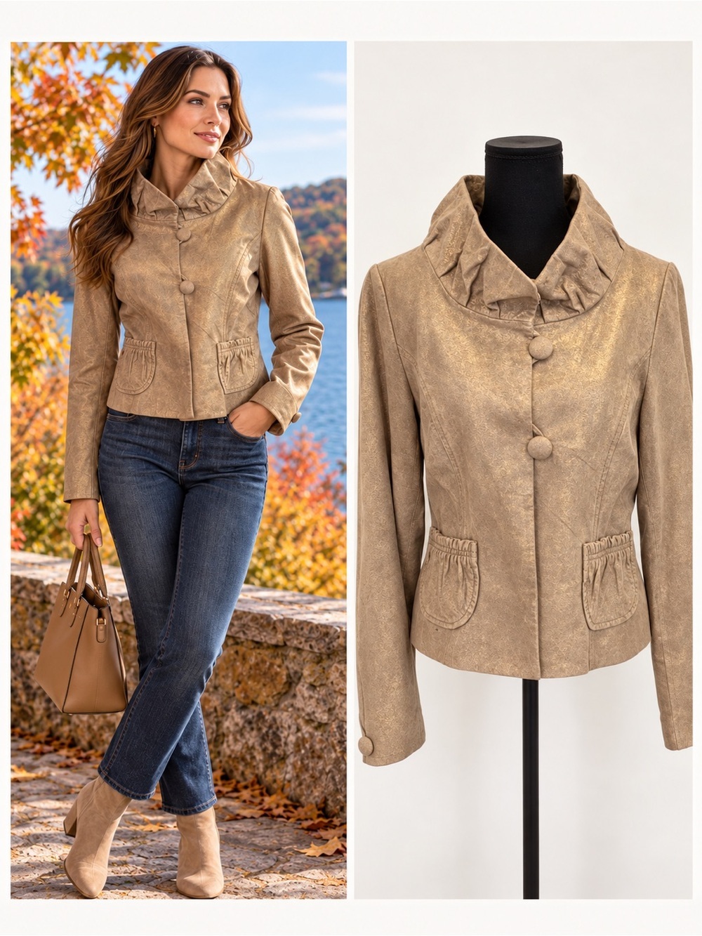 Danier tan gold shimmer ruffled high neck leather jacket size medium